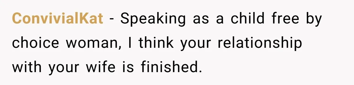 Man Wants To Adopt His Sister After Father’s Death, But Wife Refuses To Have Kids ConvivialKat − Speaking as a child free by choice woman, I think your relationship with your wife is finished.