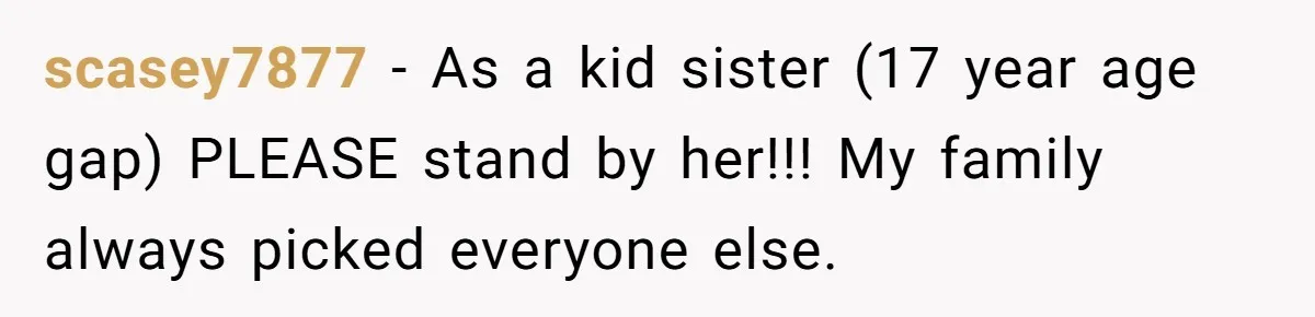 Man Wants To Adopt His Sister After Father’s Death, But Wife Refuses To Have Kids scasey7877 − As a kid sister (17 year age gap) PLEASE stand by her!!! My family always picked everyone else.