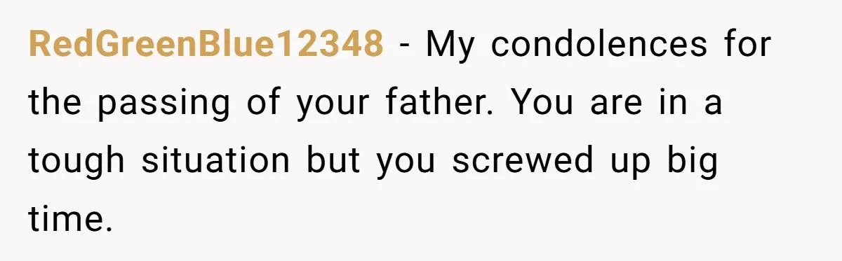 Man Wants To Adopt His Sister After Father’s Death, But Wife Refuses To Have Kids RedGreenBlue12348 − My condolences for the passing of your father. You are in a tough situation but you screwed up big time.