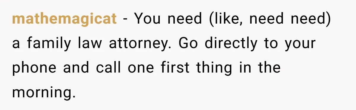 mathemagicat − You need (like, need need) a family law attorney. Go directly to your phone and call one first thing in the morning.