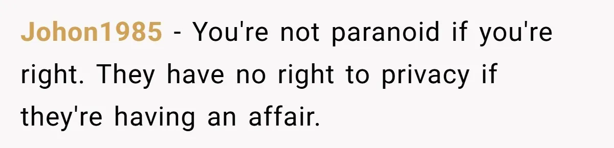 Johon1985 − You're not paranoid if you're right. They have no right to privacy if they're having an affair.