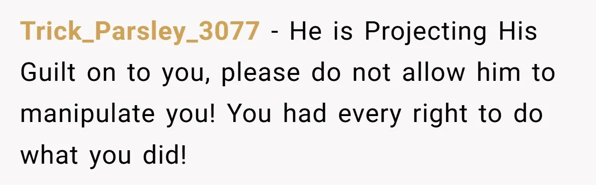 Trick_Parsley_3077 − He is Projecting His Guilt on to you, please do not allow him to manipulate you! You had every right to do what you did!