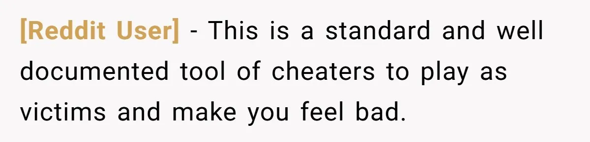 [Reddit User] − This is a standard and well documented tool of cheaters to play as victims and make you feel bad.