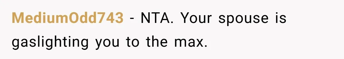 MediumOdd743 − NTA. Your spouse is gaslighting you to the max.