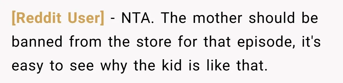 [Reddit User] − NTA. The mother should be banned from the store for that episode, it's easy to see why the kid is like that.
