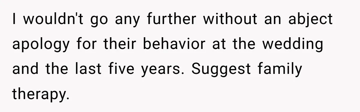 I wouldn't go any further without an abject apology for their behavior at the wedding and the last five years. Suggest family therapy.