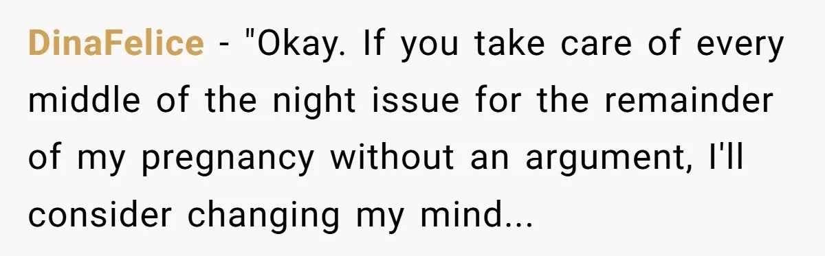 DinaFelice - "Okay. If you take care of every middle of the night issue for the remainder of my pregnancy without an argument, I'll consider changing my mind...