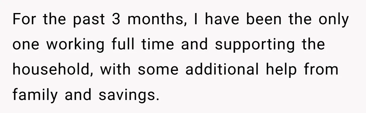 For the past 3 months, I have been the only one working full time and supporting the household, with some additional help from family and savings.