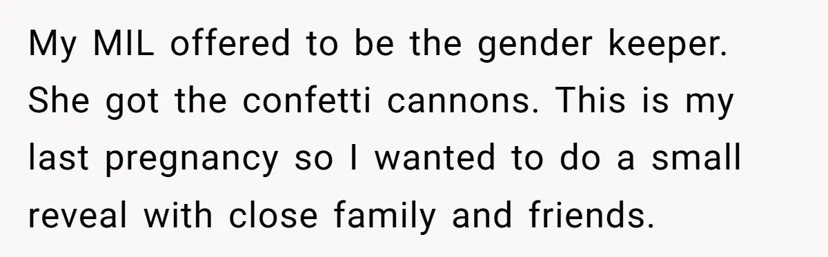 My MIL offered to be the gender keeper. She got the confetti cannons. This is my last pregnancy so I wanted to do a small reveal with close family and...