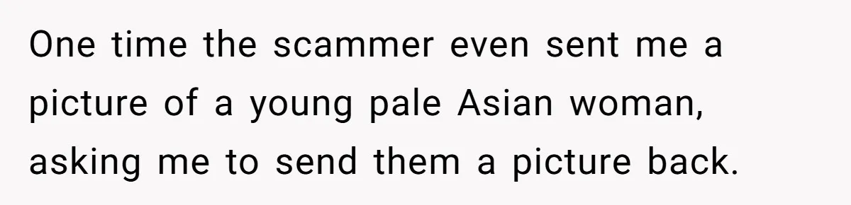 One time the scammer even sent me a picture of a young pale Asian woman, asking me to send them a picture back.