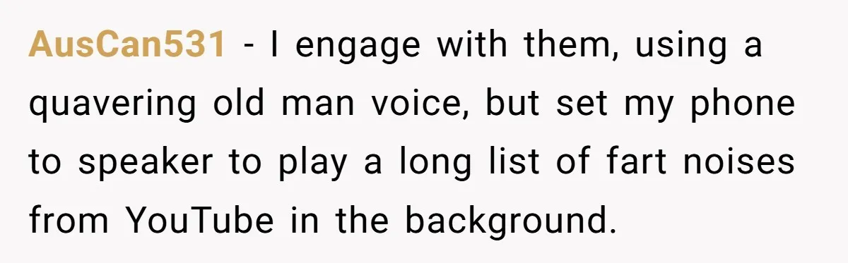 AusCan531 − I engage with them, using a quavering old man voice, but set my phone to speaker to play a long list of fart noises from YouTube in the...