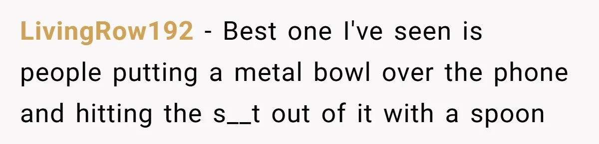 LivingRow192 − Best one I've seen is people putting a metal bowl over the phone and hitting the s__t out of it with a spoon