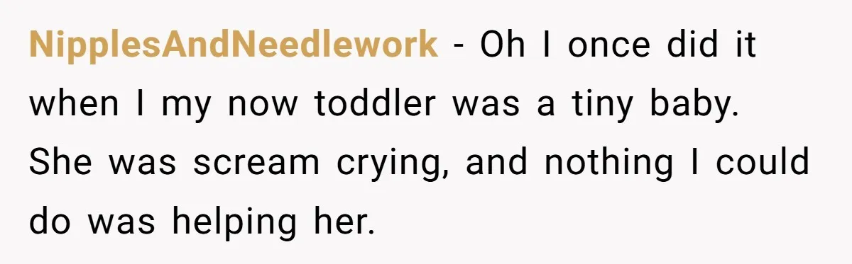 NipplesAndNeedlework − Oh I once did it when I my now toddler was a tiny baby. She was scream crying, and nothing I could do was helping her.
