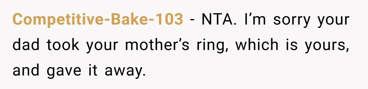 Competitive-Bake-103 − NTA. I’m sorry your dad took your mother’s ring, which is yours, and gave it away.