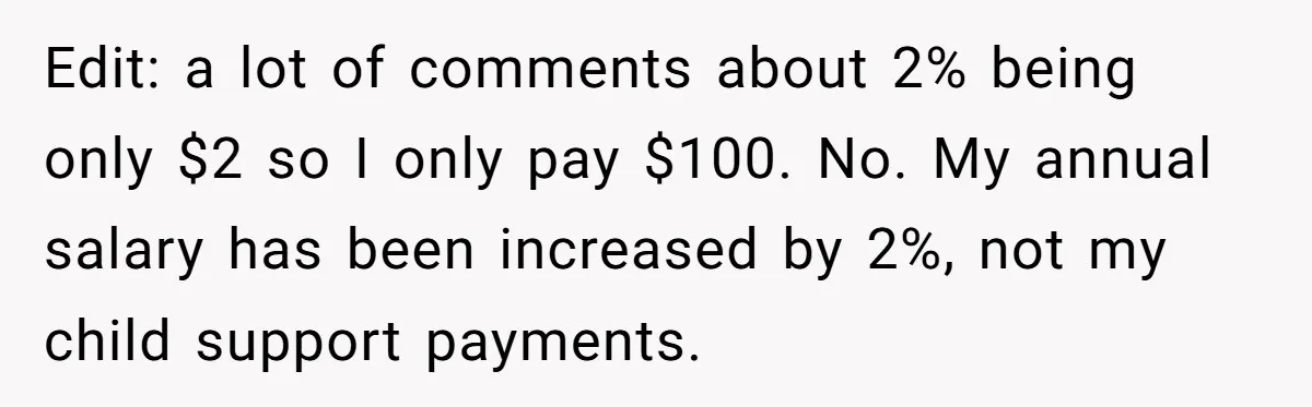 Dad Sends Ex Details Of Tiny Pay Rise And Watches Her Lawyer Bill Explode Over Two Dollars Monthly Edit: a lot of comments about 2% being only $2 so I only pay $100. No. My annual salary has been increased by 2%, not my child support payments.
