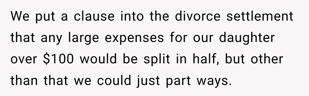 Dad Sends Ex Details Of Tiny Pay Rise And Watches Her Lawyer Bill Explode Over Two Dollars Monthly We put a clause into the divorce settlement that any large expenses for our daughter over $100 would be split in half, but other than that we could just part...