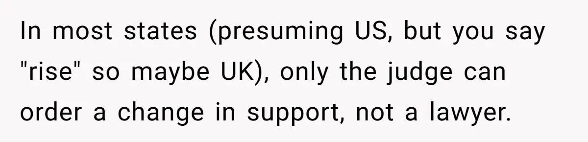 Dad Sends Ex Details Of Tiny Pay Rise And Watches Her Lawyer Bill Explode Over Two Dollars Monthly In most states (presuming US, but you say "rise" so maybe UK), only the judge can order a change in support, not a lawyer.