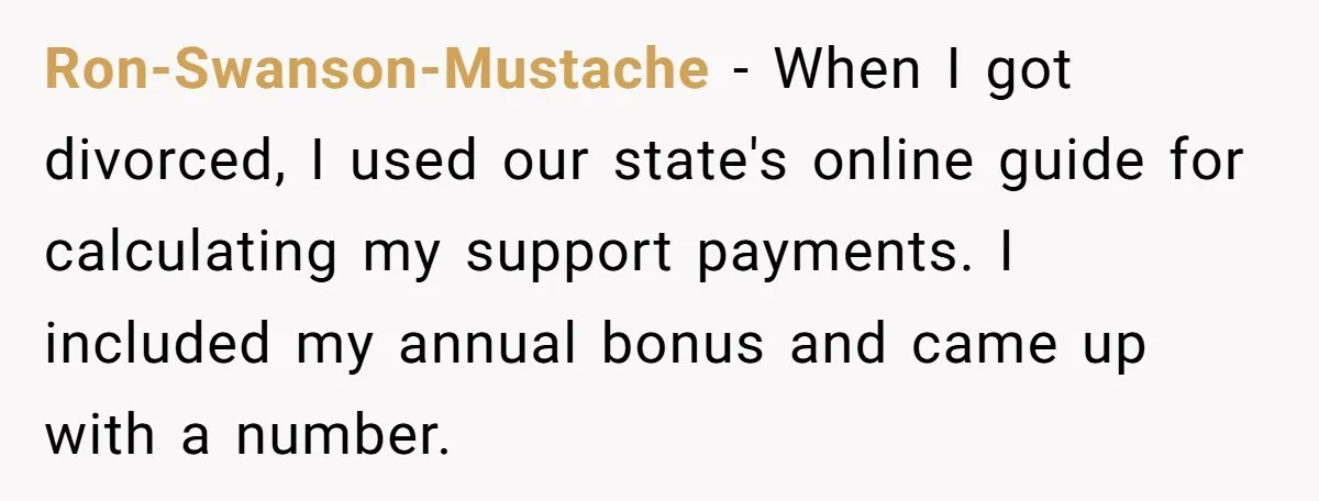 Dad Sends Ex Details Of Tiny Pay Rise And Watches Her Lawyer Bill Explode Over Two Dollars Monthly Ron-Swanson-Mustache − When I got divorced, I used our state's online guide for calculating my support payments. I included my annual bonus and came up with a number.