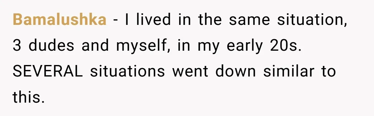 Bamalushka - I lived in the same situation, 3 dudes and myself, in my early 20s. SEVERAL situations went down similar to this.