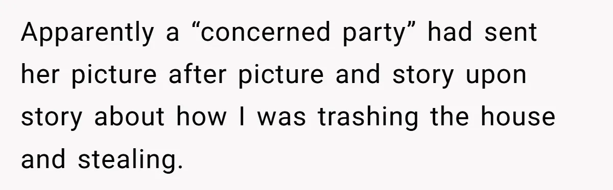 Apparently a “concerned party” had sent her picture after picture and story upon story about how I was trashing the house and stealing.