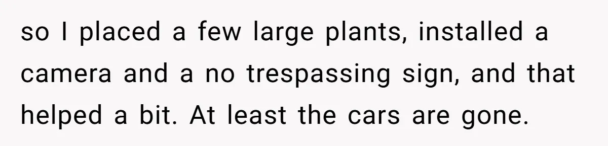 so I placed a few large plants, installed a camera and a no trespassing sign, and that helped a bit. At least the cars are gone.