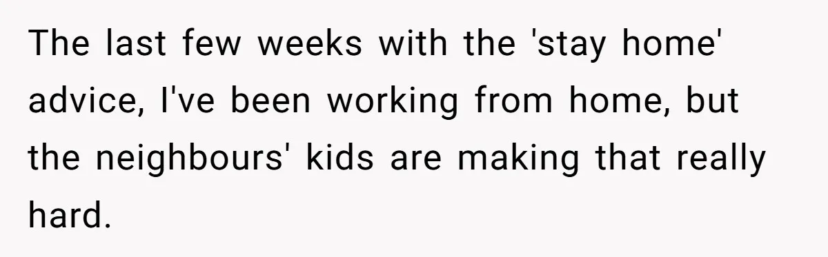 The last few weeks with the 'stay home' advice, I've been working from home, but the neighbours' kids are making that really hard.