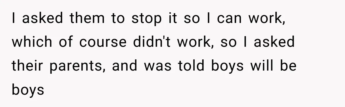 I asked them to stop it so I can work, which of course didn't work, so I asked their parents, and was told boys will be boys