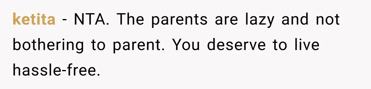 ketita − NTA. The parents are lazy and not bothering to parent. You deserve to live hassle-free.
