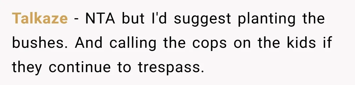 Talkaze − NTA but I'd suggest planting the bushes. And calling the cops on the kids if they continue to trespass.