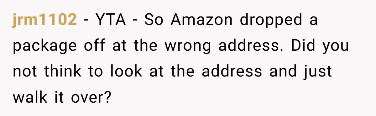 jrm1102 − YTA - So Amazon dropped a package off at the wrong address. Did you not think to look at the address and just walk it over?
