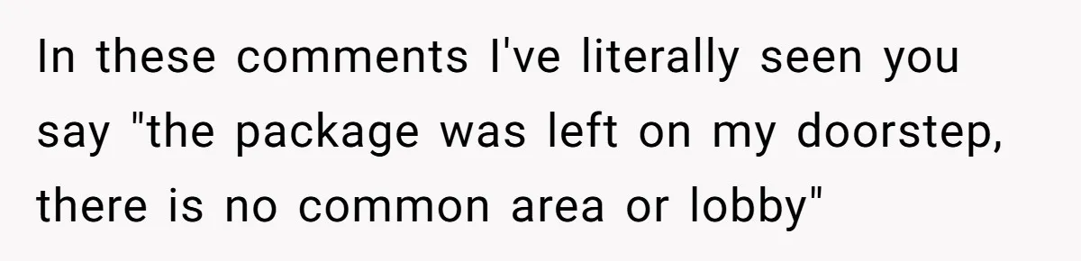 In these comments I've literally seen you say "the package was left on my doorstep, there is no common area or lobby"