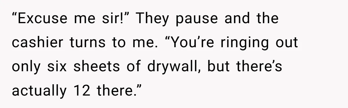 “Excuse me sir!” They pause and the cashier turns to me. “You’re ringing out only six sheets of drywall, but there’s actually 12 there.”