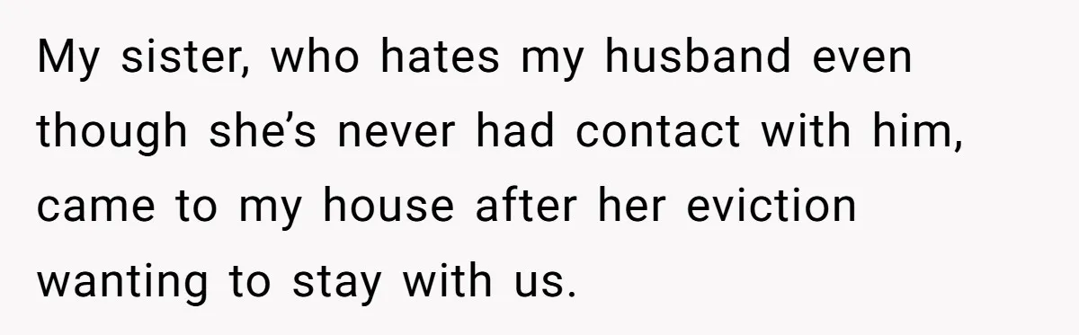 My sister, who hates my husband even though she’s never had contact with him, came to my house after her eviction wanting to stay with us.