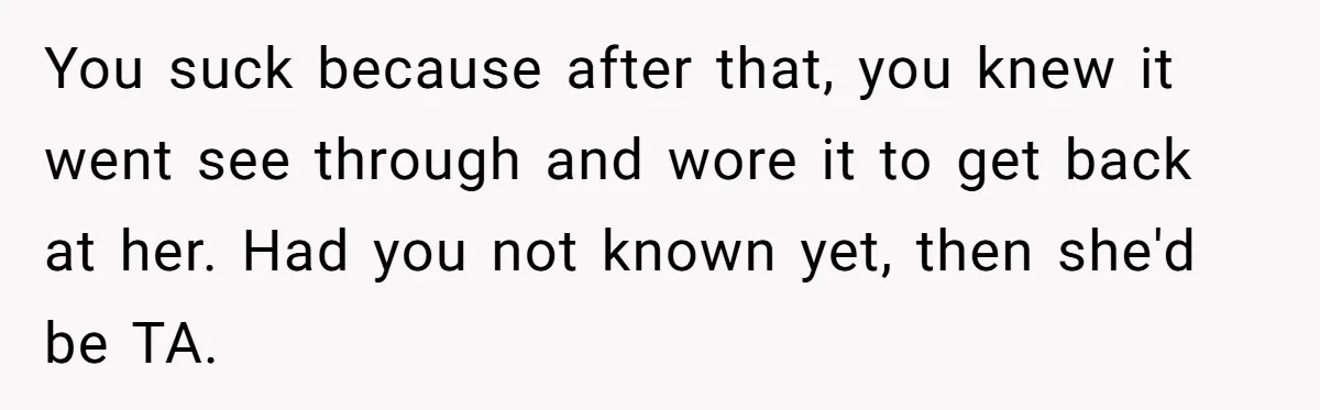 You suck because after that, you knew it went see through and wore it to get back at her. Had you not known yet, then she'd be TA.