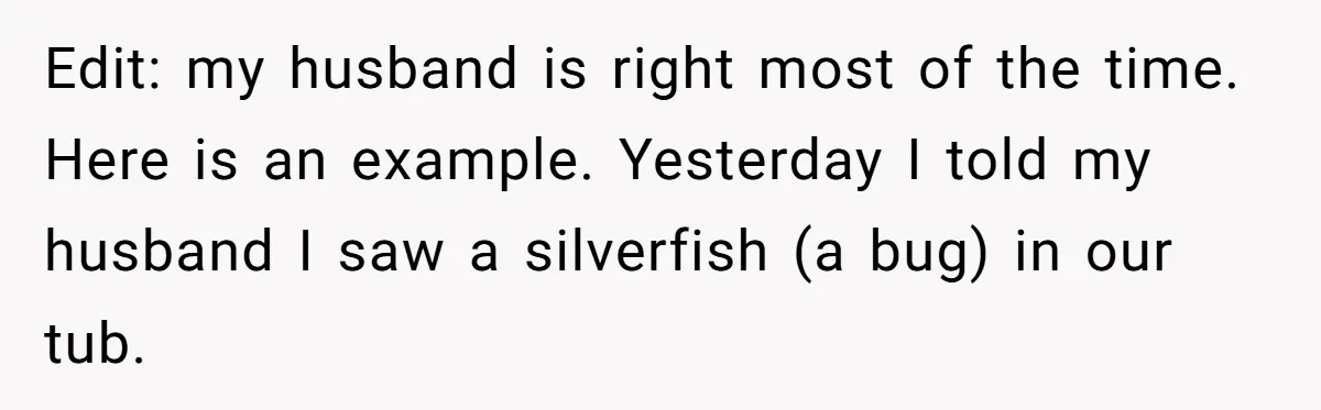 Edit: my husband is right most of the time. Here is an example. Yesterday I told my husband I saw a silverfish (a bug) in our tub.