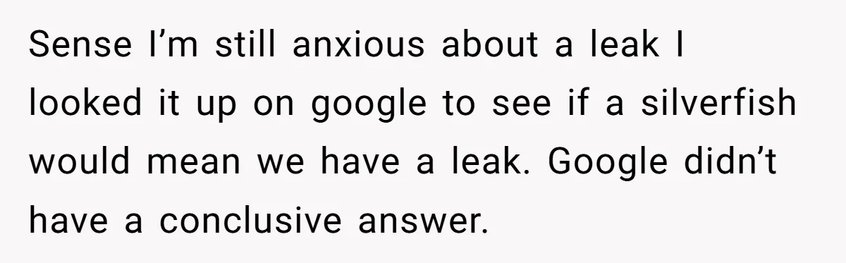 Sense I’m still anxious about a leak I looked it up on google to see if a silverfish would mean we have a leak. Google didn’t have a conclusive answer.