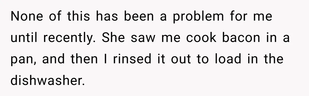 None of this has been a problem for me until recently. She saw me cook bacon in a pan, and then I rinsed it out to load in the dishwasher.