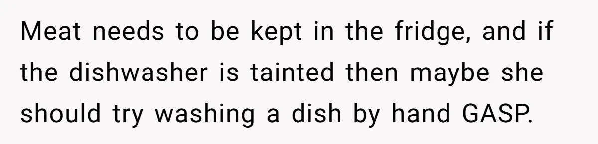 Meat needs to be kept in the fridge, and if the dishwasher is tainted then maybe she should try washing a dish by hand GASP.