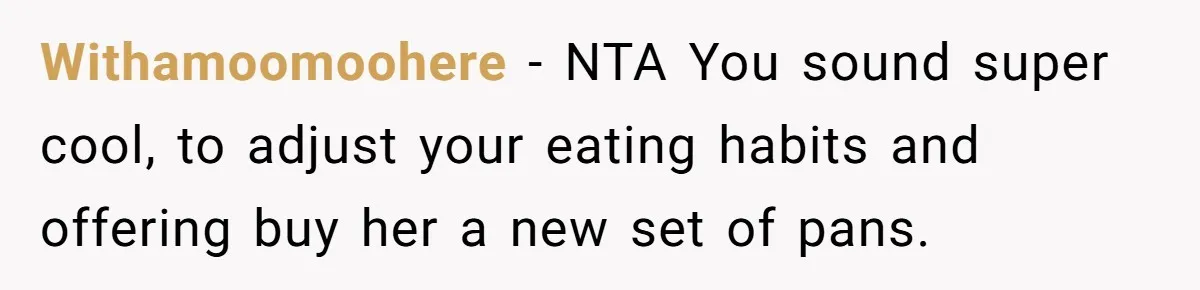 Withamoomoohere − NTA You sound super cool, to adjust your eating habits and offering buy her a new set of pans.