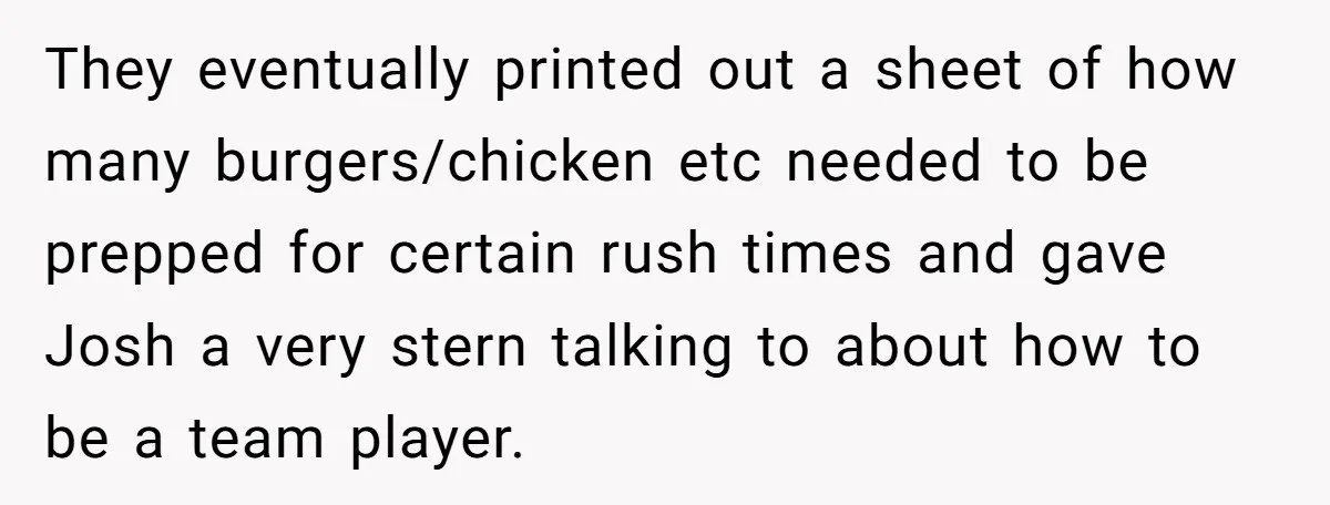 They eventually printed out a sheet of how many burgers/chicken etc needed to be prepped for certain rush times and gave Josh a very stern talking to about how to...