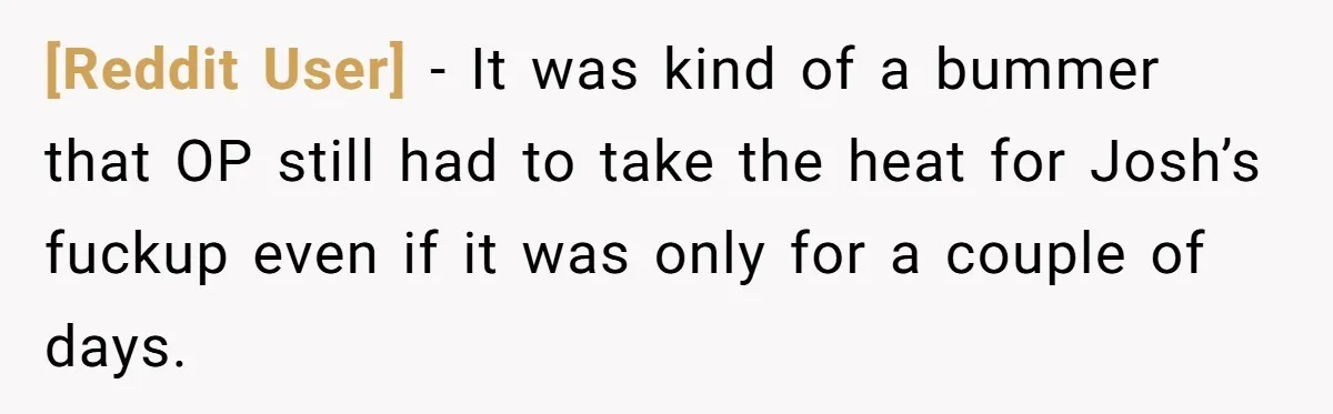 [Reddit User] − It was kind of a bummer that OP still had to take the heat for Josh’s fuckup even if it was only for a couple of days.