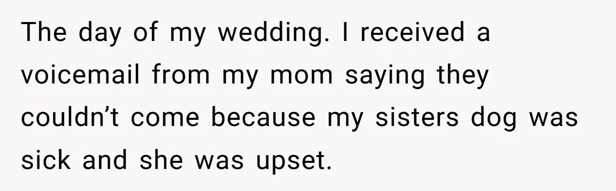 The day of my wedding. I received a voicemail from my mom saying they couldn’t come because my sisters dog was sick and she was upset.