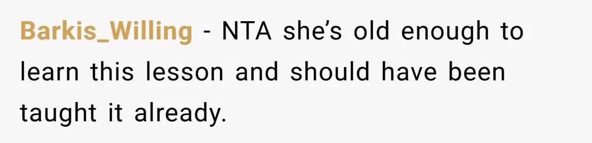 Barkis_Willing − NTA she’s old enough to learn this lesson and should have been taught it already.