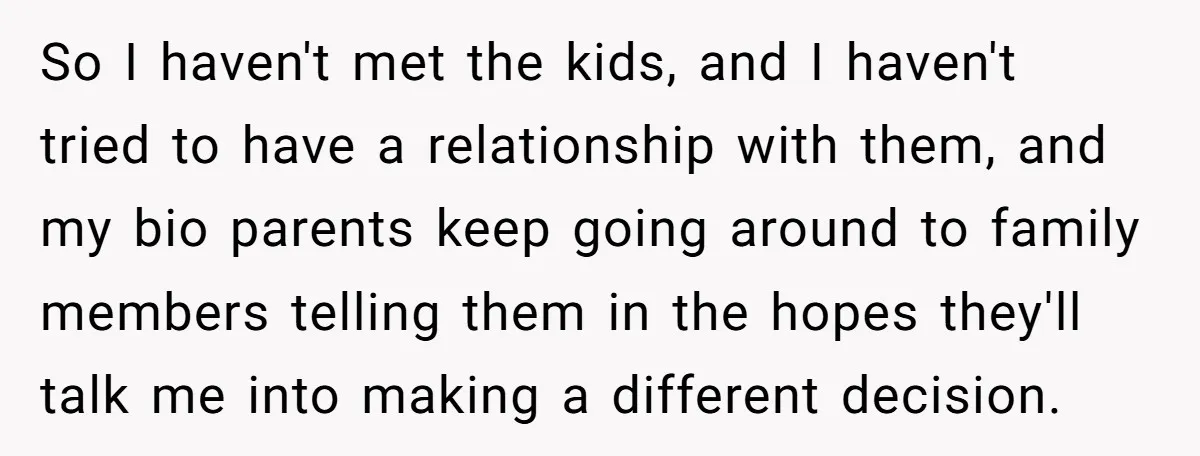 Teen Rejects Family Push To Bond With Bio Siblings, Says His Parents’ Abandonment Was Unforgivable So I haven't met the kids, and I haven't tried to have a relationship with them, and my bio parents keep going around to family members telling them in the...