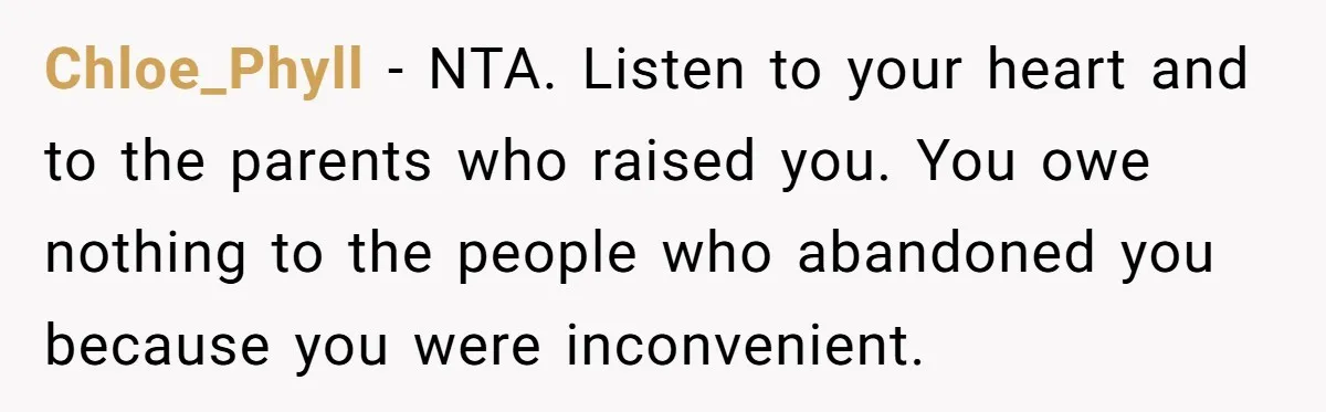 Teen Rejects Family Push To Bond With Bio Siblings, Says His Parents’ Abandonment Was Unforgivable Chloe_Phyll − NTA. Listen to your heart and to the parents who raised you. You owe nothing to the people who abandoned you because you were inconvenient.