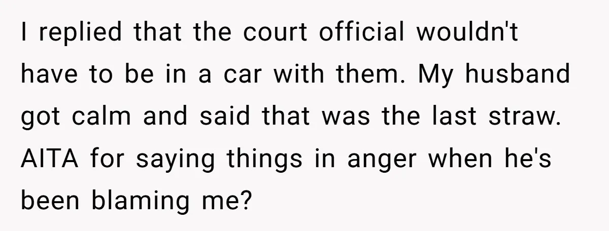 I replied that the court official wouldn't have to be in a car with them. My husband got calm and said that was the last straw. AITA for saying things...