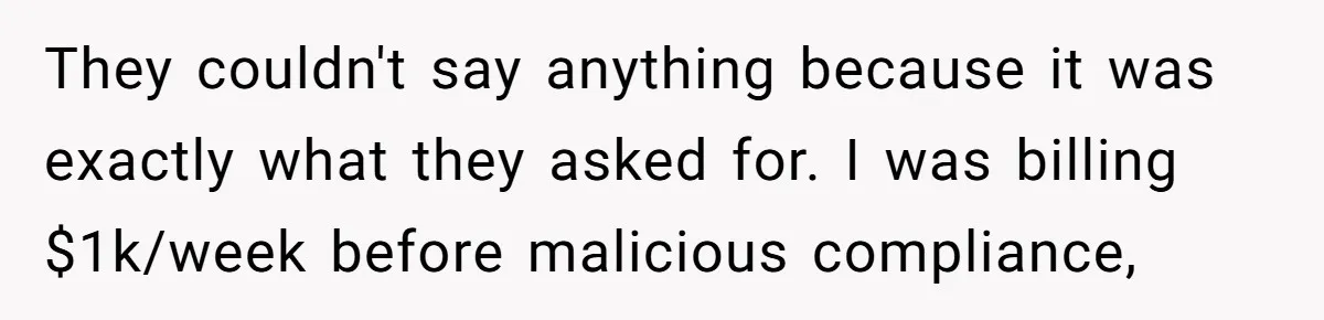 They couldn't say anything because it was exactly what they asked for. I was billing $1k/week before malicious compliance,