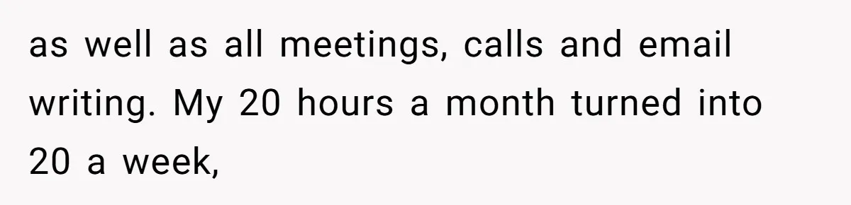 as well as all meetings, calls and email writing. My 20 hours a month turned into 20 a week,