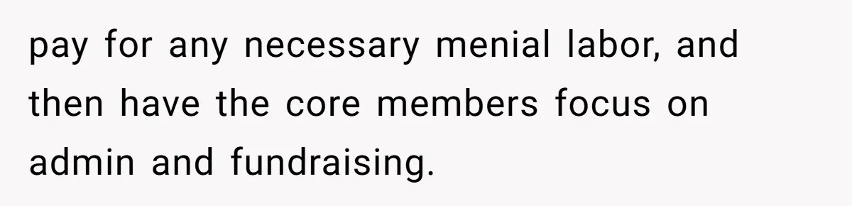pay for any necessary menial labor, and then have the core members focus on admin and fundraising.