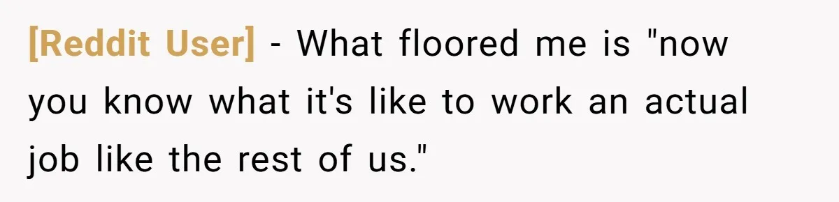 [Reddit User] − What floored me is "now you know what it's like to work an actual job like the rest of us."